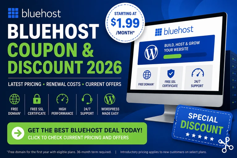Bluehost Coupon & Discount 2026 – $1.99 Hosting Deal Bluehost coupon and discount 2026 with hosting starting at $1.99 per month