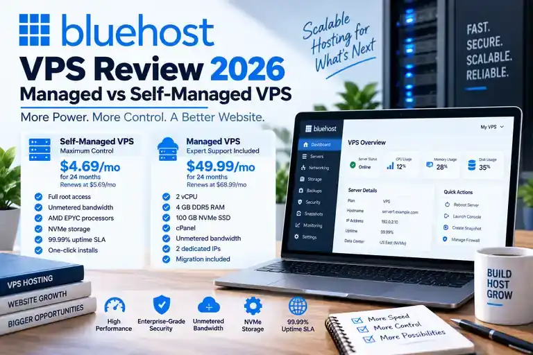 Bluehost VPS review comparing managed and self-managed VPS hosting in 2026