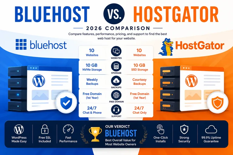 Bluehost vs HostGator comparison for 2026